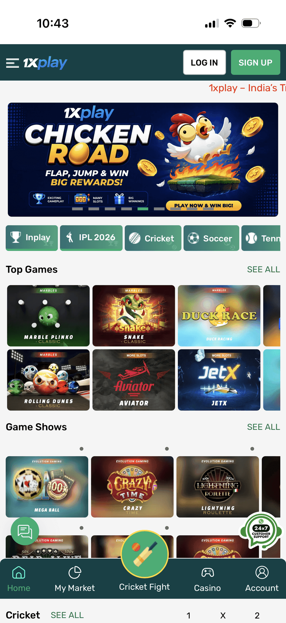 1xPlay Home Screen