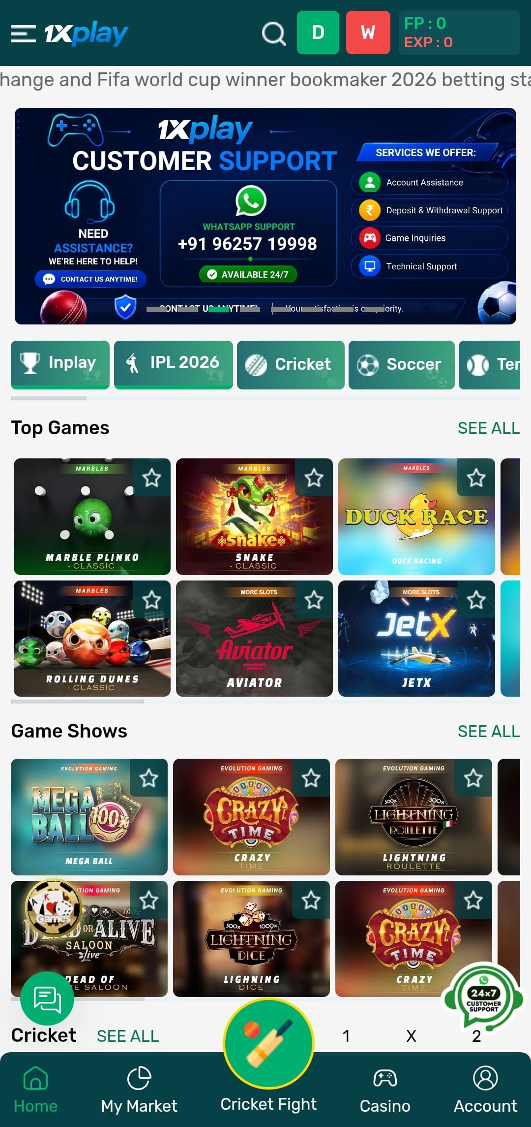 1xPlay Home Screen